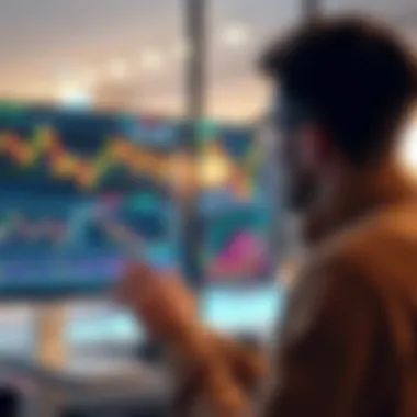 A person examining a computer screen with cryptocurrency charts