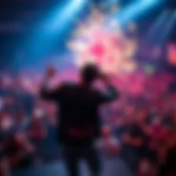 Famous Dex performing on stage with vibrant crowd in background