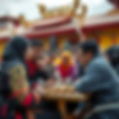 A vibrant community interaction scene illustrating players discussing strategies and sharing experiences within Gods Unchained