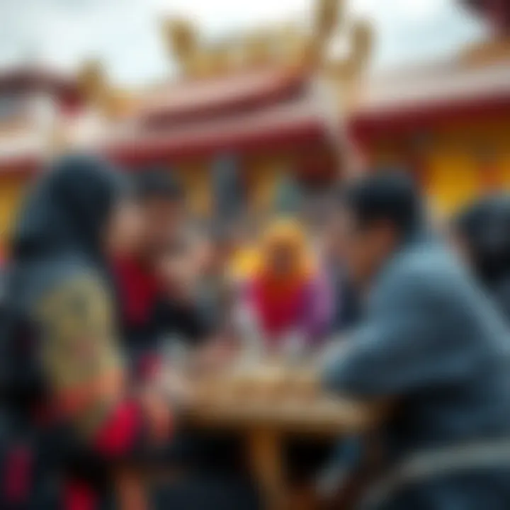 A vibrant community interaction scene illustrating players discussing strategies and sharing experiences within Gods Unchained