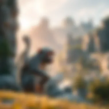 Future possibilities of monkey NFTs depicted in an imaginative landscape